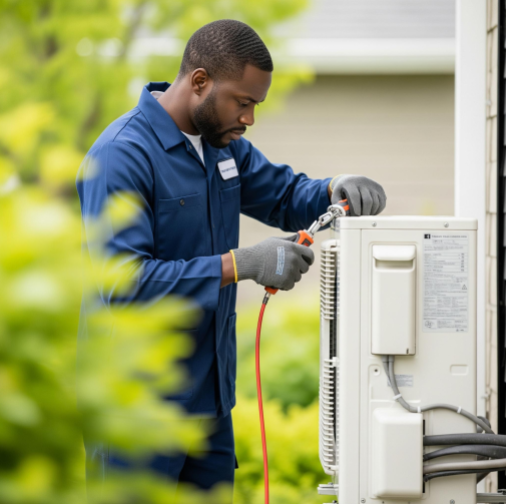 An HVAC technician in a clean uniform, expertly servicing an outdoor air conditioning unit.
