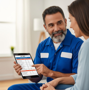 A confident HVAC technician showing a homeowner a clear, detailed quote for a new AC unit on a tablet.