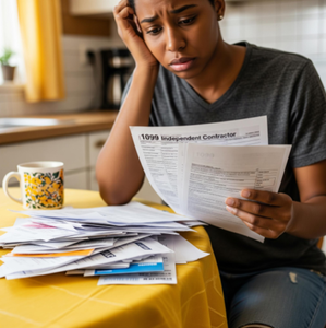 An independent contractor looking anxious while looking at a 1099 form and a pile of bills on their kitchen table.