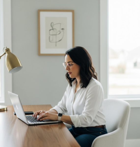 A professional independent contractor working on a laptop at a clean, modern home office desk.