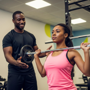 A smiling personal trainer coaching and encouraging a client who is successfully lifting a weight.