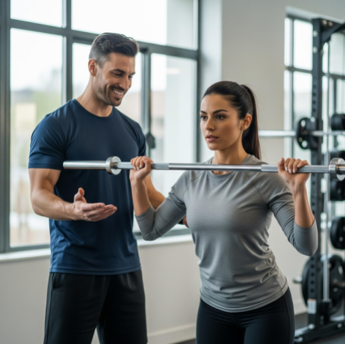 A personal trainer motivating a client during a one-on-one training session.
