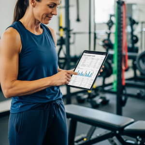 A confident personal trainer using a tablet to review their monthly income and expense report in a clean, professional gym setting.