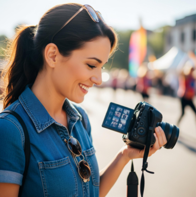 A female photographer smiling as she reviews her photos on the back of her camera during a shoot.