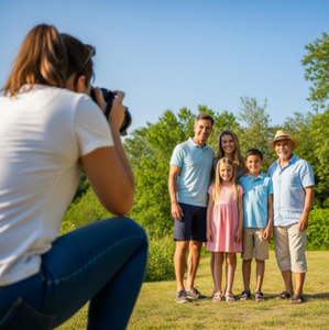 A smiling photographer behind the camera, capturing a joyful family portrait in a beautiful outdoor setting.