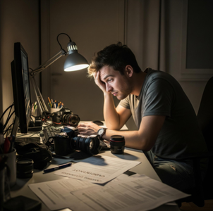 A photographer at a desk late at night, looking stressed while surrounded by camera gear and trying to sort through invoices and client contracts.