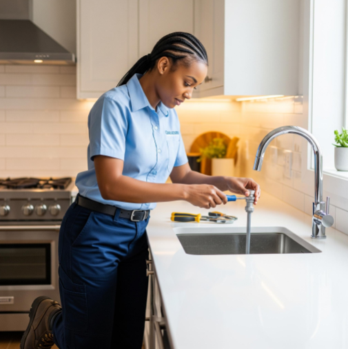 A professional plumber carefully installing a new sink faucet in a modern kitchen.