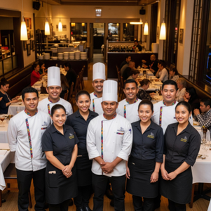 A team of happy chefs and servers standing together in a busy and successful restaurant dining room.