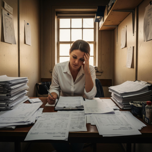 A restaurant owner looking worried over a stack of supplier invoices and employee timesheets in a small back office.