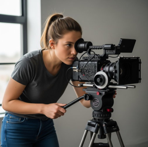 A videographer looking through the viewfinder of a cinema camera mounted on a tripod.