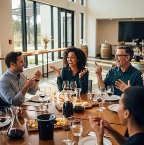 A smiling group of people enjoying a wine tasting experience in a beautiful, modern winery tasting room.