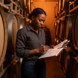 A concerned winery owner standing in a barrel room, looking at a clipboard with complex inventory and cost-tracking sheets.