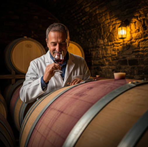 A winemaker smiling while testing a sample of wine from an oak barrel in a cellar.