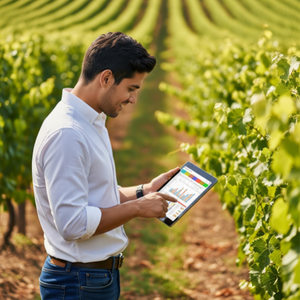 A confident vineyard manager reviewing a clear financial report on a tablet, with rows of healthy grapevines in the background.