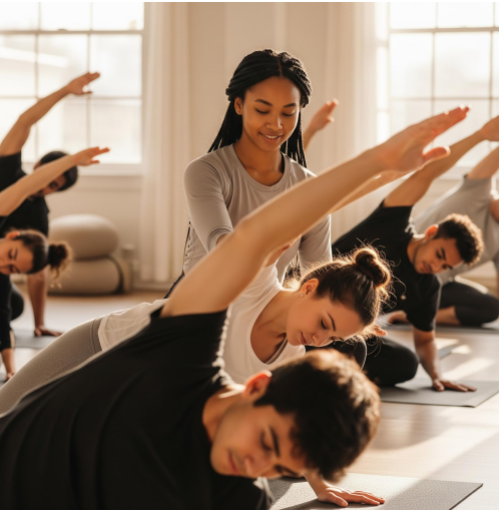 A yoga instructor guiding a class in a peaceful, sunlit studio.