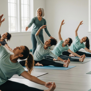 A serene yoga class in session, with an instructor guiding a group of relaxed members in a beautifully lit studio.