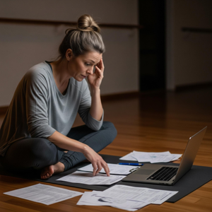 A yoga studio owner sitting on the floor of their studio after hours, looking stressed with a laptop and various payment records.